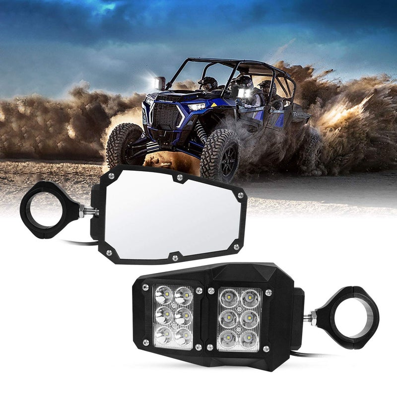 RANSOTO UTV RZR Mirror Offroad Side Rear View Mirrors with LED Spot Light Compatible with Polaris RZR XP 1000 RZR 900 Yamaha Rhino Honda Pioneer Talon Kawasaki Teryx 1.75-2 Inch Roll Bar Cage - Image 1